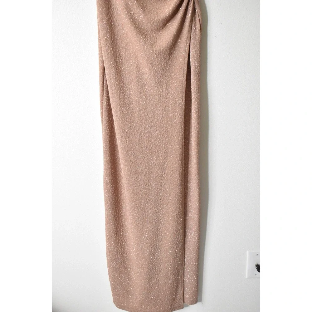 Halter Maxi Dress Womens Small Rose Gold Pink Shimmer 90s Ruched Slit Small